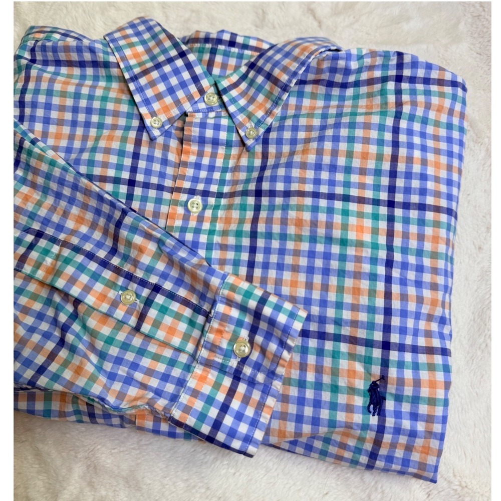 Ralph Lauren Mens XLT Blue Orange Plaid Gingham Stretch Cotton Button Down Shirt
